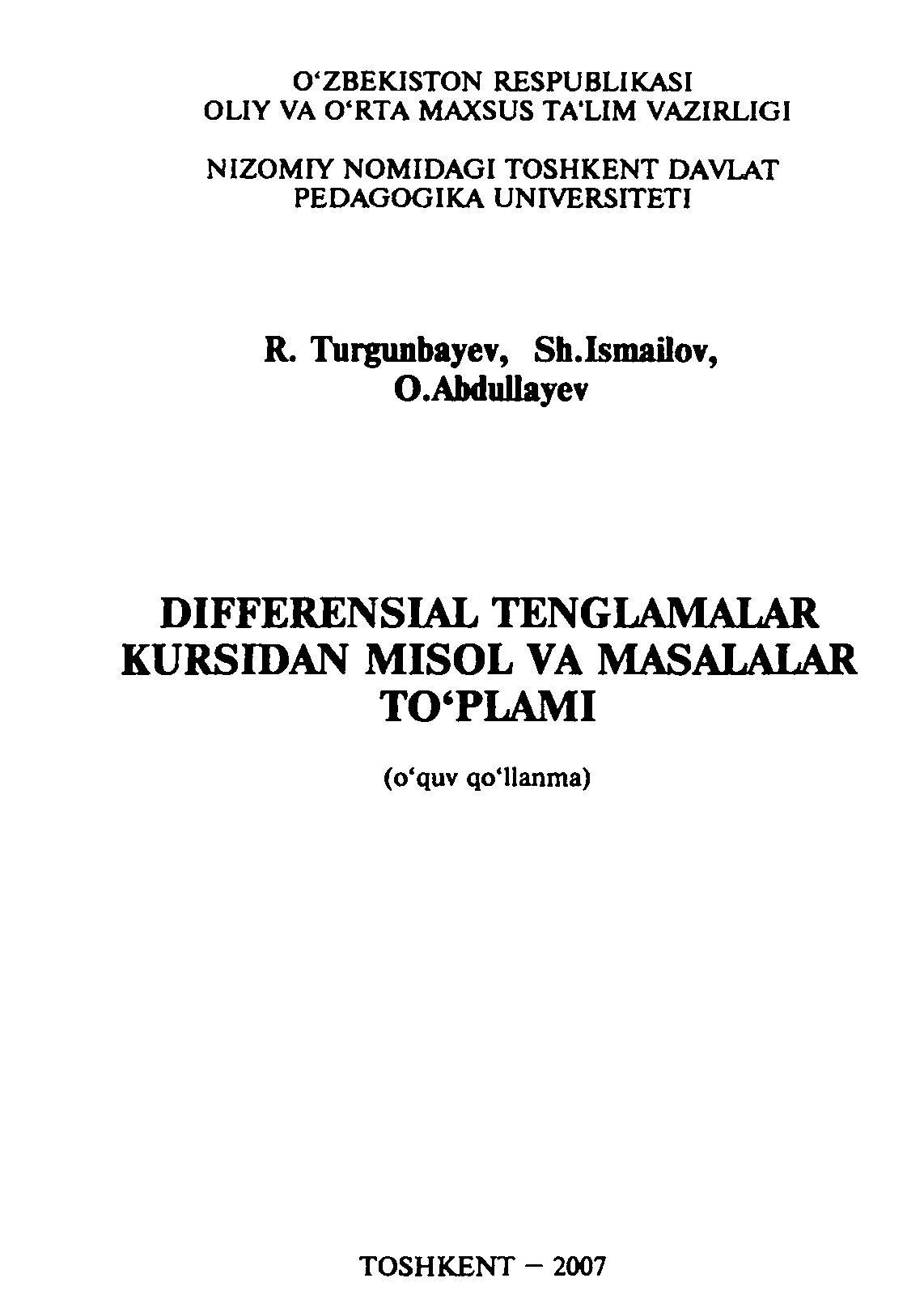 Differensial tenglamalar kursidan misol va masalalar to`plami