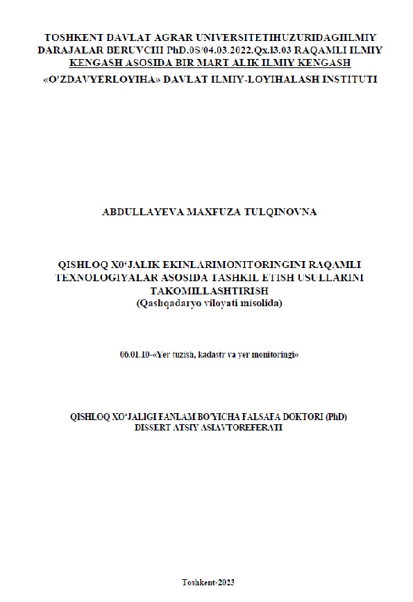 Qishloq xo'jalik ekinlari monitoringini raqamli texnologiyalar asosida tashkil etish usullarini takomillashtirish