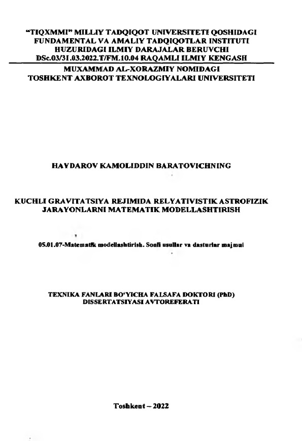 Kuchli gravitatsiya rejimida relyativistik astrofizik jarayonlari matematik modellashtirish